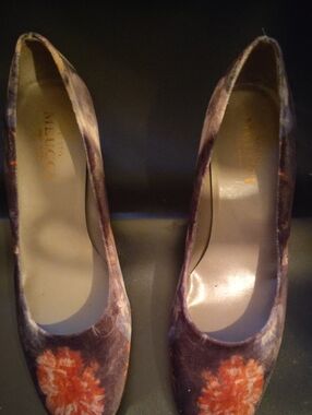 Sesto Meucci Purple Velvet Floral Pumps with Orange Accents